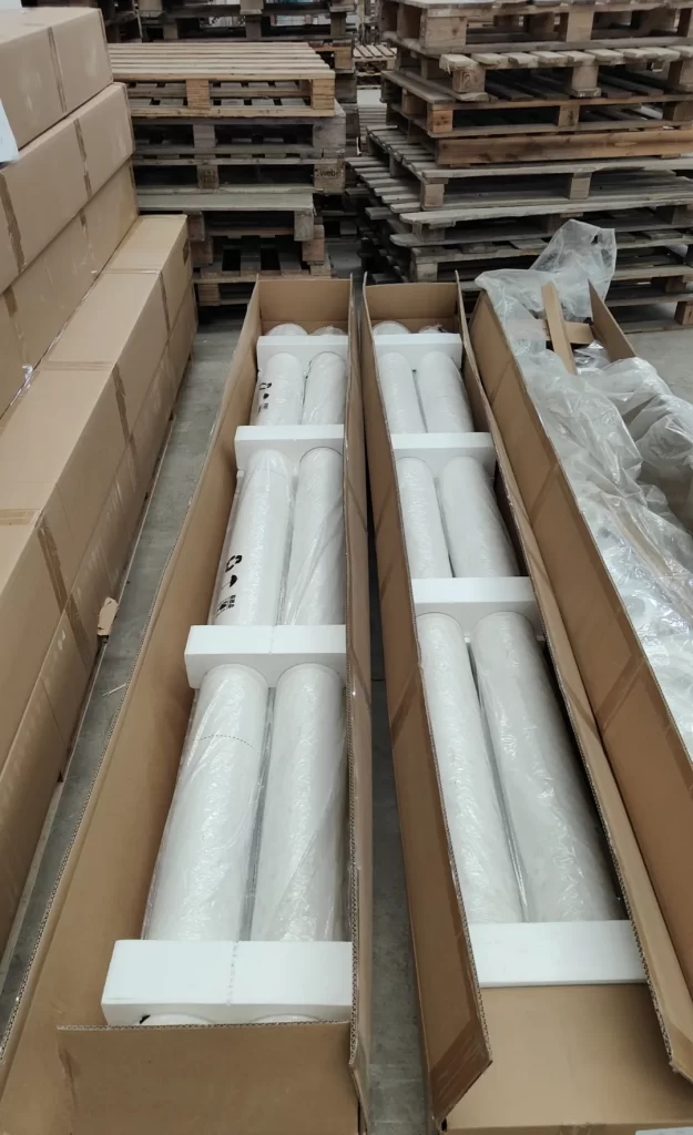 Ceramic fiber filter tubes packed in a wooden crate ready for site delivery