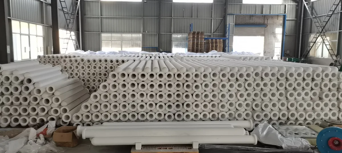 Top view of ceramic filter tube ends packed on a factory pallet