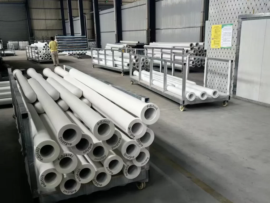 Ceramic fiber filter tubes staged in the factory warehouse